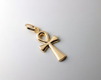14k Gold Ankh Cross Pendant Charm-Real Gold Shiny Ankh Cross Necklace Charm
