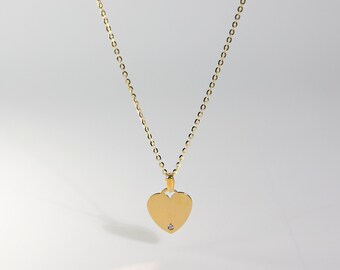 14K Solid Gold Heart Pendant Necklace: Engravable Plate