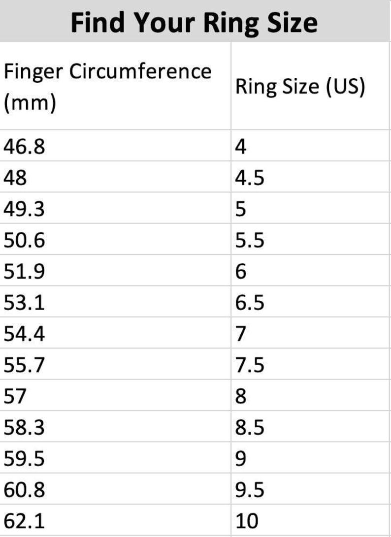 May include: A chart showing ring sizes in US sizes and corresponding finger circumference in millimeters. The chart ranges from size 4 to 10.