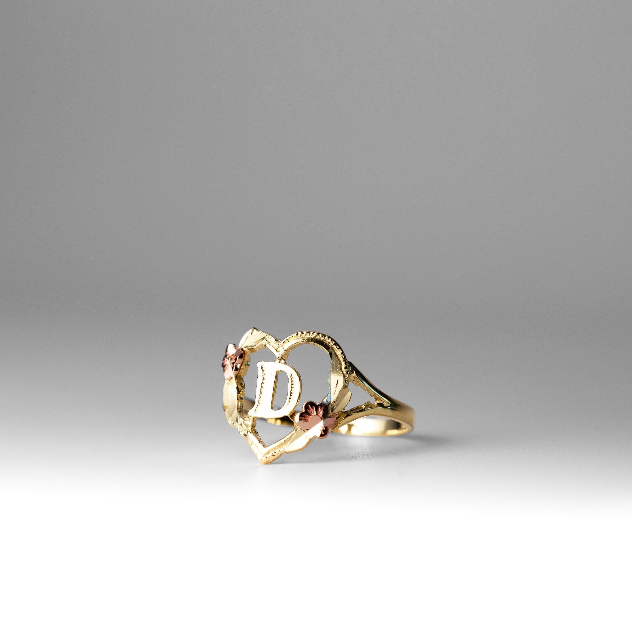 14K Solid Gold Heart Rose "D" Initial Ring- Real 14k Gold Heart and Rose Initial "D" Ring