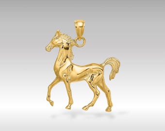 14K Solid Gold 3D polierte Pferdeanhänger - Anmutige Hengsthalskette, Luxusschmuckgeschenk