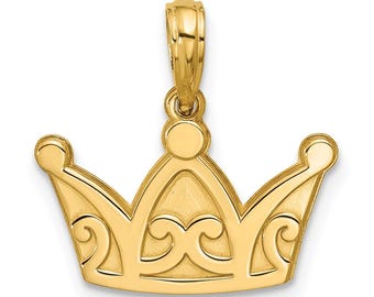 14k Gold Polished Crown Pendant – Royal Queen Crown Charm for Women – Elegant Detailed Gold Crown Jewelry