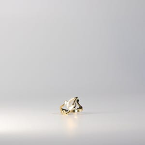Puede incluir: Un anillo dorado con un diseño calado ornamental. El anillo presenta un motivo estilizado de pájaro o llama. El anillo se encuentra sobre un fondo liso y claro, resaltando sus intrincados detalles y su acabado pulido.
