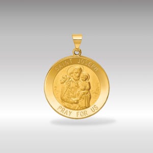 14K Gold Polished & Satin St. Joseph Medal Hollow Pendant Necklace - Patron Saint Charm - Inspirational 'Pray for Us' Inscription Jewelry