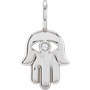 14K White Gold Polished Hamsa Hand With .02 CT Natural Diamond Pendant - Minimalist Hamsa Charm - Spiritual Protection Jewelry