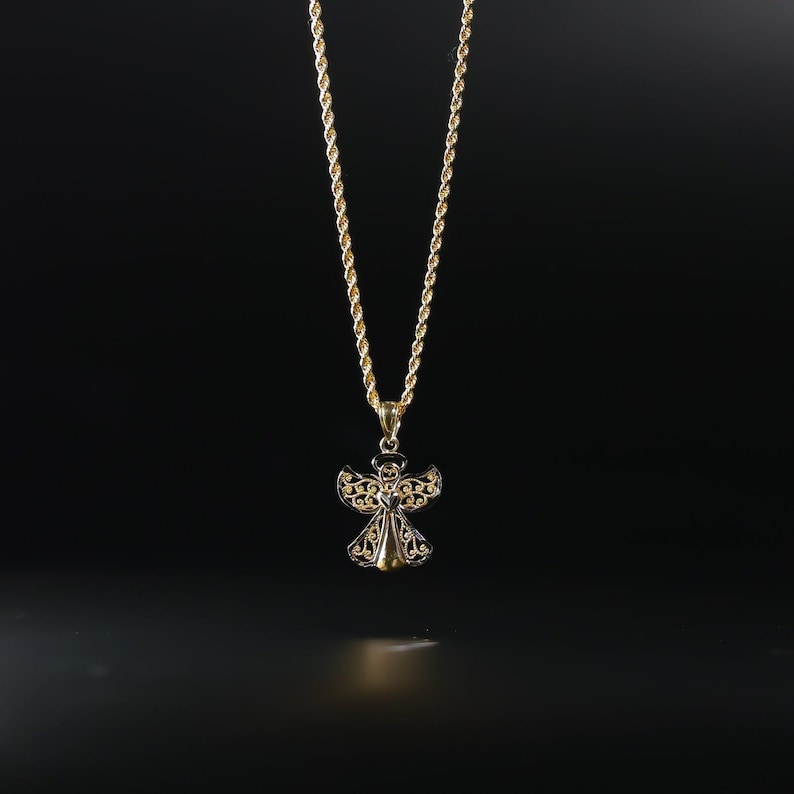 May include: A gold chain necklace with an angel pendant. The angel is made of gold and has a delicate, intricate design.