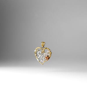 14k Gold Sweet 15 Years Heart Flower Pendant Charm- Gold Sweet 15 Years Necklace Charm Gifts For Girls
