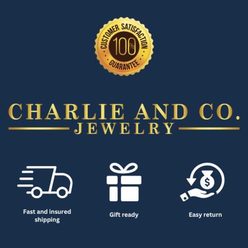 May include: A gold logo with the text "Customer Satisfaction 100% Guarantee" and the text "Charlie and Co. Jewelry" below it.  Three white icons represent fast and insured shipping, gift ready, and easy returns.