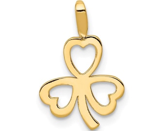 May include: A gold-colored pendant in the shape of a three-leaf clover. The clover's leaves and the top loop are heart-shaped. The pendant is likely made of gold and is designed to be worn as jewelry.