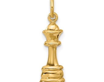 14K Gold Queen Chess Charm – Polished Chess Piece Pendant for Gamers and Strategists, Real 14K Gold Chess Queen Jewelry Gift
