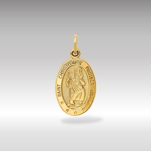 14K Gold Saint Christopher Solid Oval Medal Charm Necklace - Traveler's Protection Patron Saint Pendant
