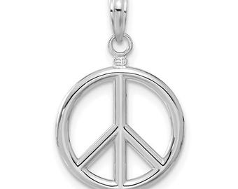 14K White Gold Peace Sign Pendant Necklace - 3D Polished Peace Symbol Charm - Real Gold Peace Pendant for Men and Women