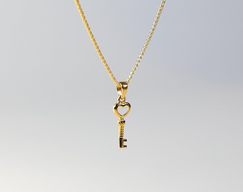 14k Gold Key To My Heart Pendant Charm- Gold Heart And Key Necklace Charm