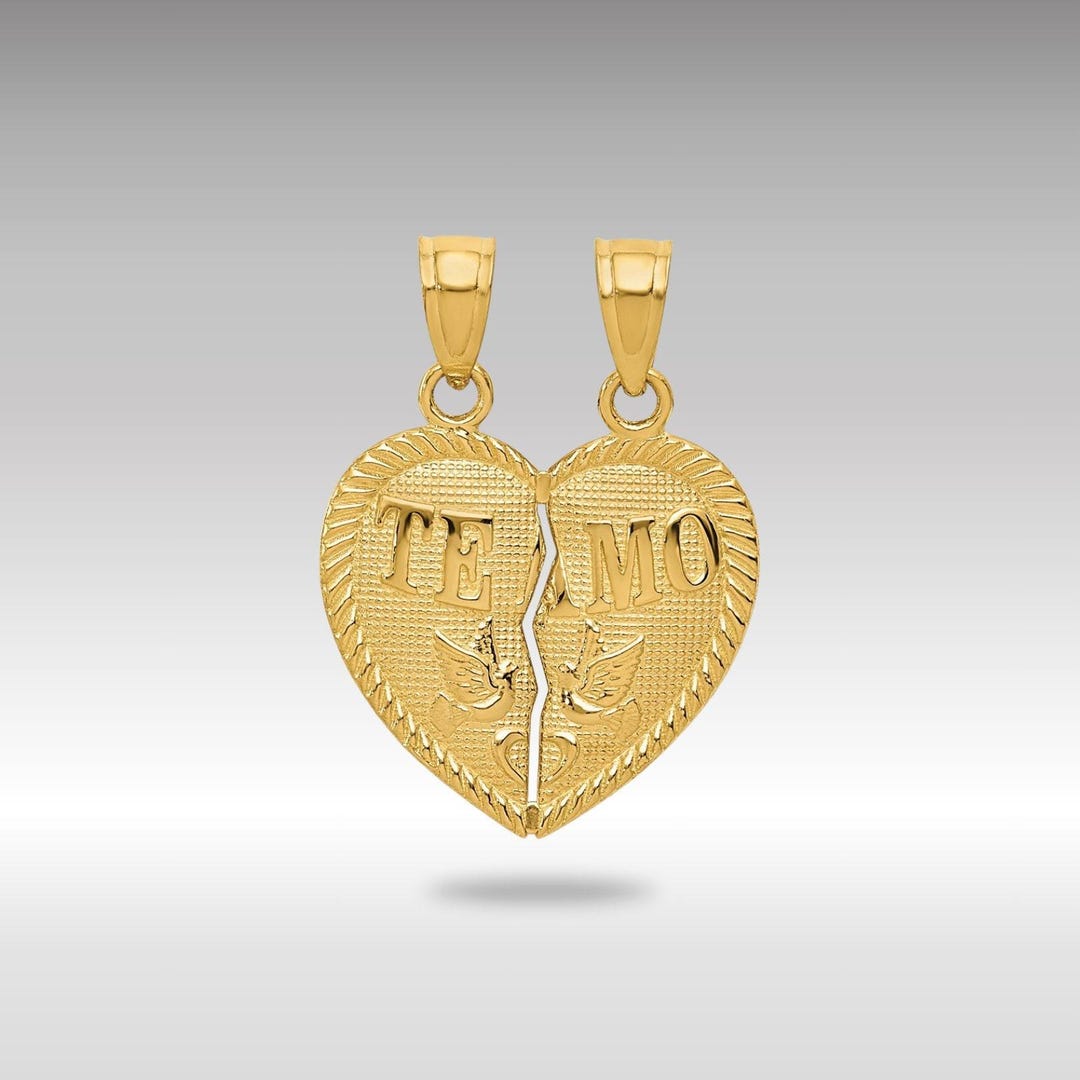 14K Gold TE AMO Break Apart Heart Pendant: Diamond-cut Couple's