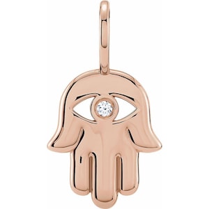 14K Rose Gold Polished Hamsa Hand With .02 CT Natural Diamond Pendant - Minimalist Hamsa Charm - Spiritual Protection Jewelry