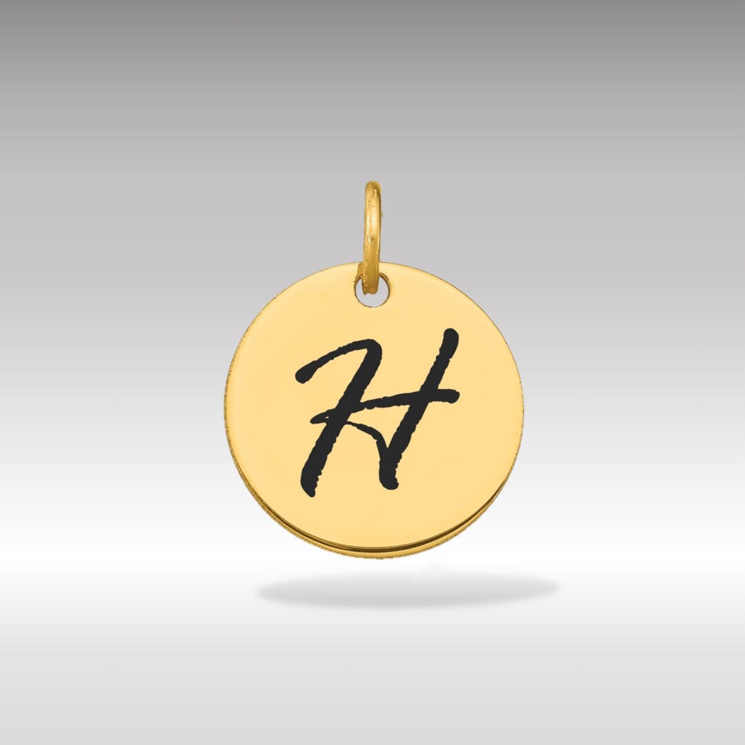 14K ゴールド「H」イニシャル筆記体ディスクチャーム、ブラック 