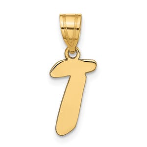Puede incluir: Un colgante dorado con forma de la letra "T". El colgante tiene un acabado pulido y un lazo en la parte superior para una cadena. La letra está en un estilo cursivo.
