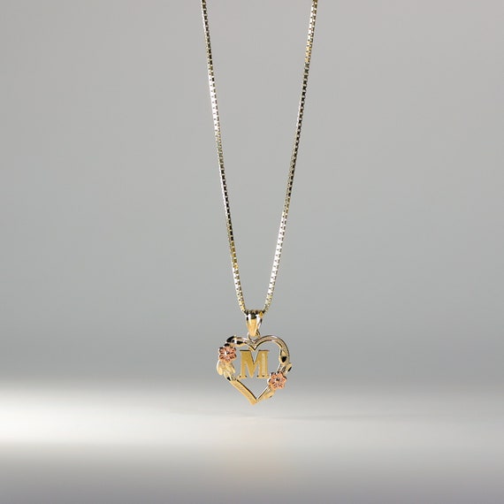 14k Gold m Initial Heart and Rose Pendant Charm Gold Heart Initial M Flower Necklace Etsy