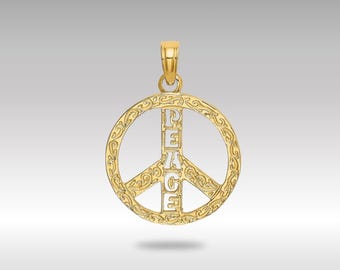 14K Gold Peace Sign Pendant – Flat Textured Peace Symbol Charm – Solid 14K Yellow Gold Pendant Gift for Free Spirit