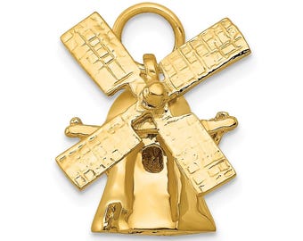 14K Gold Windmill Pendant - Solid 3D Windmill Charm - Dutch Heritage Jewelry Gift for Travel and Culture Lovers