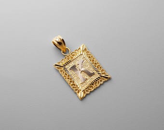 14k Gold &quot;K&quot; Initial Square Pendant/Charm- Gold K Initial Chain Necklace