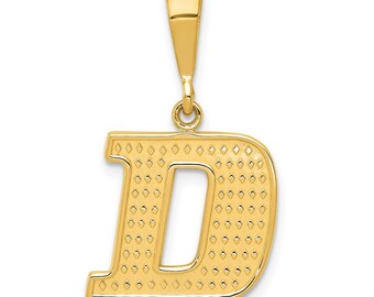 May include: A gold-colored pendant in the shape of the letter "D". The pendant has a textured surface with a pattern of small diamond shapes. It includes a loop for a chain.