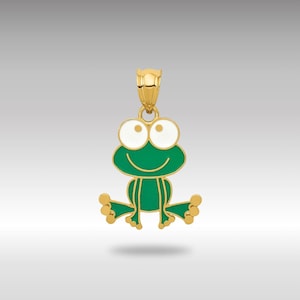 14K Solid Gold Frosch Anhänger mit grüner und weißer Emaille - schrullige Amphibien-Halskette, luxuriöser Schmuck Geschenk