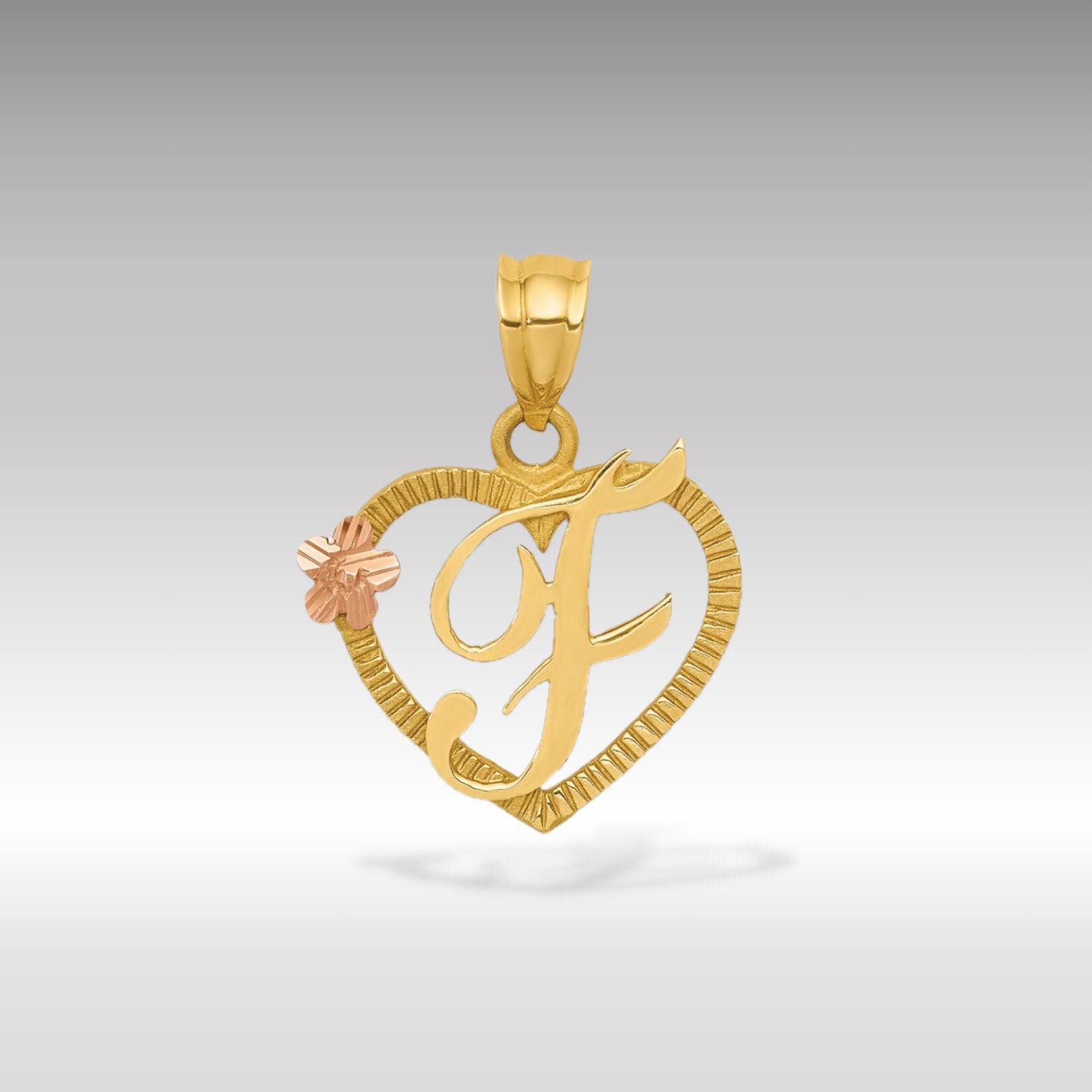 14K Gold Script Letter 'F' Heart Charm with Floral Accent - Luxurious Gift for Her" - Initial "F" Necklace Pendant