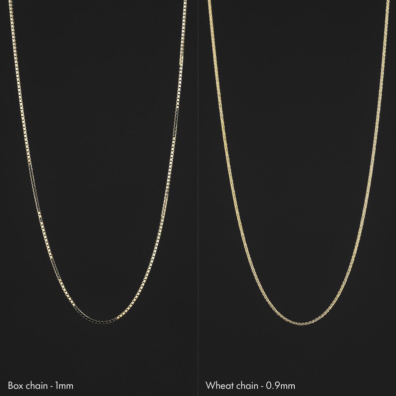 May include: Two gold chains on a black background. The chain on the left is a box chain, 1 mm thick. The chain on the right is a wheat chain, 0.9 mm thick.
