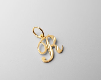 14k Gold "R" Initial Cursive Pendant Charm- Gold Initial "R" Necklace Charm