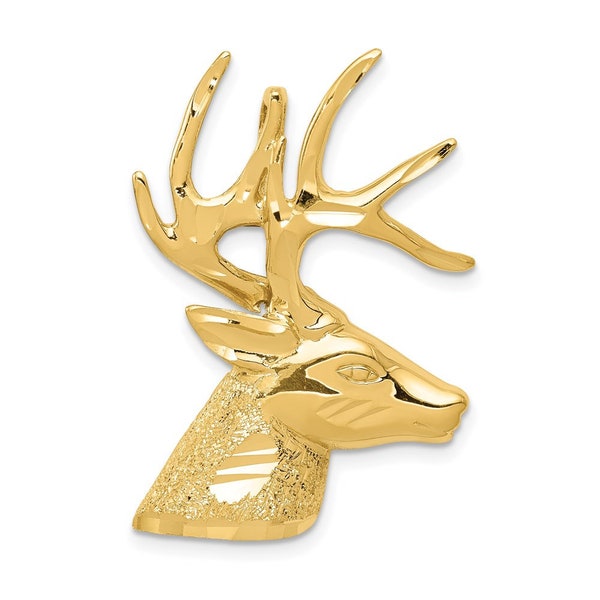 14k Gold Laser Cut Large Deer Necklace Pendant - Polished Buck Head Charm Gift