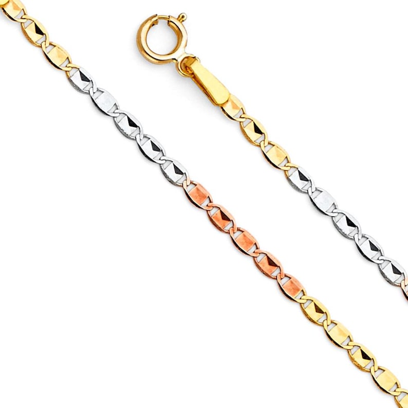May include: A gold, silver, and rose gold chain necklace with a mariner link design. The chain is made of three different colors of gold, and it has a lobster claw clasp.
