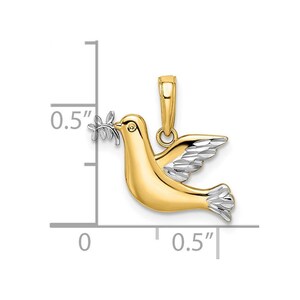 May include: A gold and silver two-tone dove pendant charm with an olive branch in its beak. The pendant is approximately 0.5 inches in size.