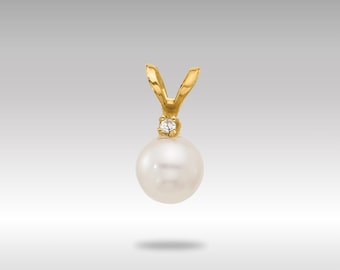 14K Gold Pearl and Diamond Pendant – 5-6mm Round Freshwater Cultured Pearl Charm – Elegant June Birthstone Gift for Her