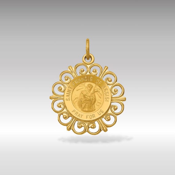 14K Gold Ornate Saint Francis of Assisi Medal Pendant Necklace