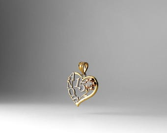 14k Gold Sweet 15 Years Heart Pendant Charm- Gold Sweet 15 Anos Necklace Charm Gifts For Girls