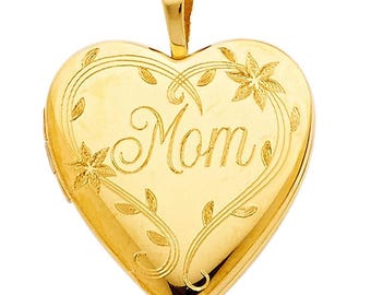 14k Gold Heart Locket Necklace: Engraved 'Mom' Pendant Charm