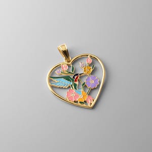 14K Gold Enameled Hummingbird and Flowers Heart Charm Pendant - Real Gold Unique Floral Necklace Charm - Real Gold Nature Heart Necklace