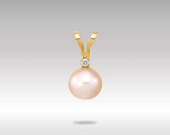 Pingente de diamante de pérola rosa de ouro 14K – Pérola cultivada de água doce redonda de 5-6 mm com detalhes brilhantes – Delicado pingente de ouro para mulheres e meninas