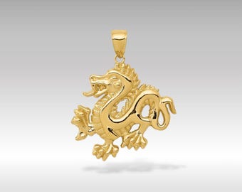 Pingente de dragão polido em ouro maciço 14K – colar majestoso de criatura mítica, presente de joias finas de luxo