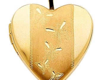 14k Gold Heart Locket: Embossed Butterfly Pendant Charm