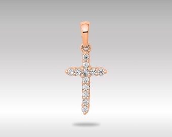 Colgante de cruz de diamantes en oro rosa de 14 quilates. Delicado dije religioso de oro macizo pulido. Regalo elegante para mujeres y adolescentes.