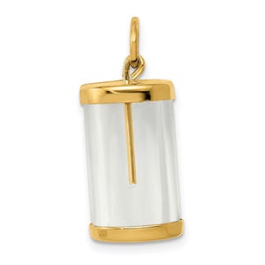May include: A gold-colored pendant with a clear, cylindrical center. The pendant has a rectangular top and bottom, and a gold-colored loop for attaching to a chain. A gold-colored bar runs through the center of the clear cylinder.