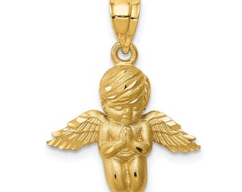 14k Gold Praying Angel Pendant – Brushed and Diamond-Cut Cherub Charm for Protection And Faith Jewelry