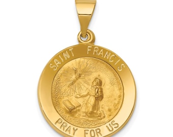 Colgante de medalla de San Francisco de Oro de 14K - Amuleto religioso hueco pulido y satinado - Collar católico de San Francisco de Asís