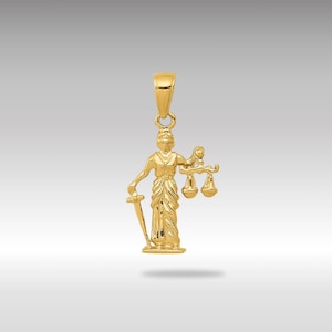 14K Gold Lady of Justice Pendant Necklace: Moveable Scales Charm