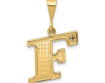 May include: A gold-colored pendant in the shape of the letter "F". The pendant has a textured surface with a diamond pattern. The bail is a simple, rectangular shape.