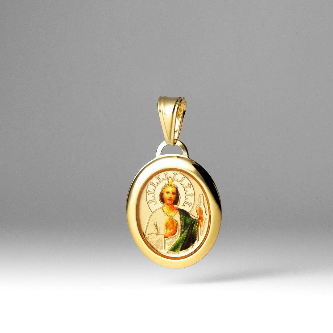 14K Gold St. Jude Pendant – Enamel Oval Saint Jude Plate Charm in Solid ...