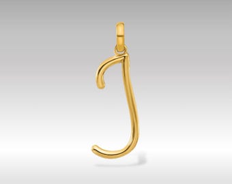 May include: A gold-coloured pendant in the shape of the letter "J". The pendant is made of a shiny, reflective metal and has a loop at the top for attaching to a chain. The letter is in a cursive font.