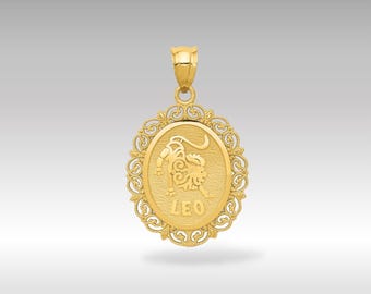 14K Gold Leo Zodiac Pendant Necklace: Filigree Horoscope Charm